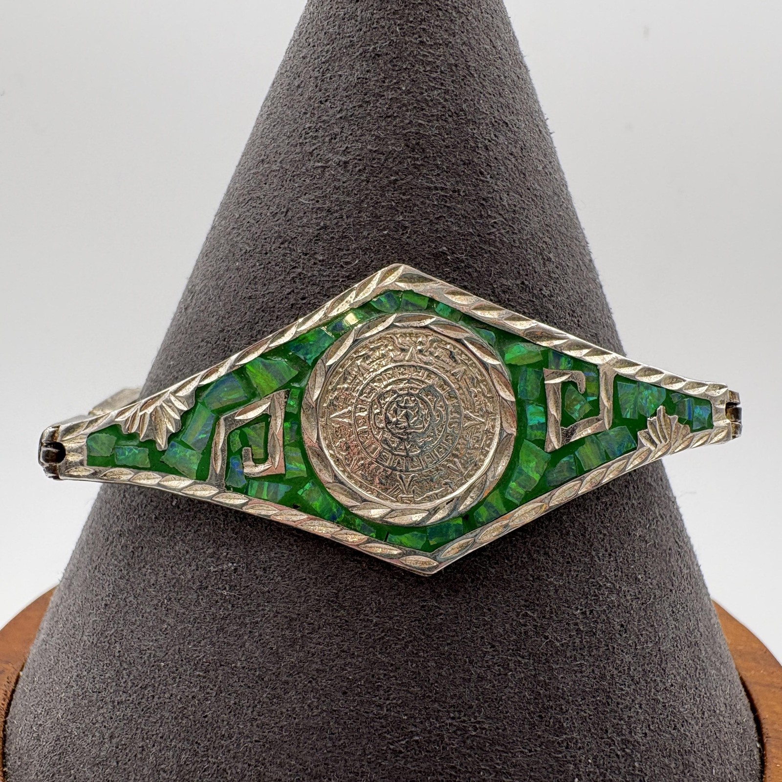 Mexican 925 Silver Green Inlay Aztec Mayan Calendar Panel Bracelet 6.75"