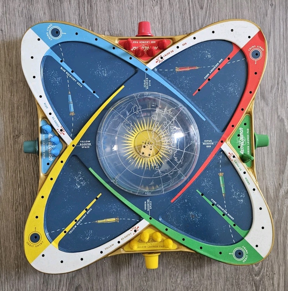 Vtg Atomic Astro Launch Game Ohio Art Tin Litho 1963 Space Rocket Dice 12 Pegs