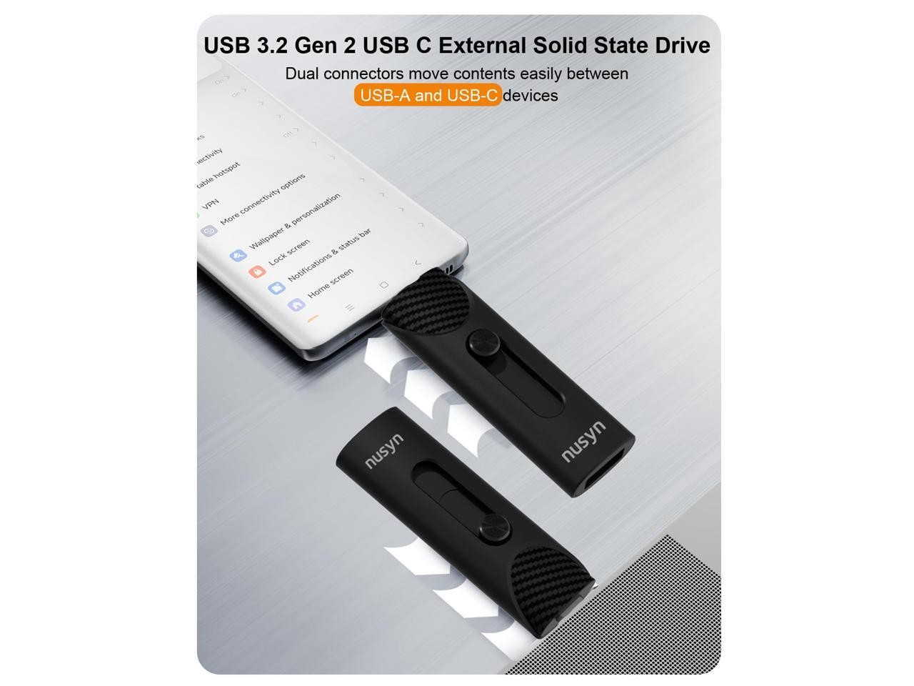 Nusyn NSU53 1TB External SSD / USB Drive - Up to 1050MB/s, 2-in-1 USB-C + USB-A,