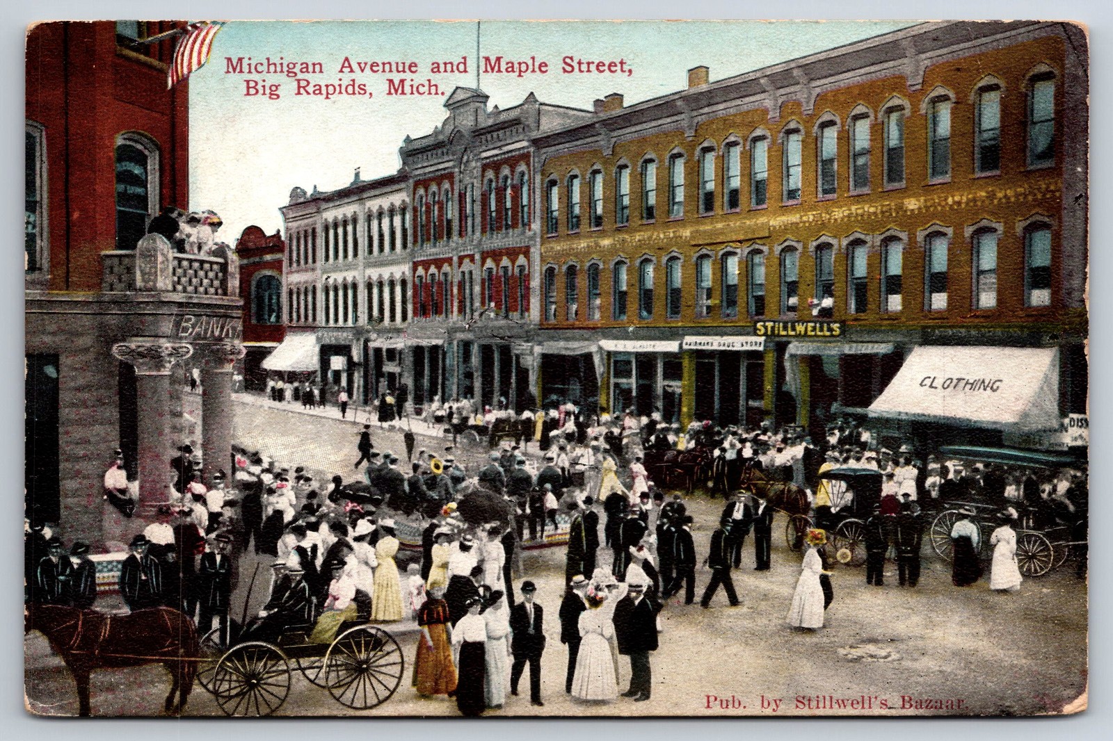 Big Rapids, MI Postcard - Bustling Corner at Michigan Avenue and Maple Street