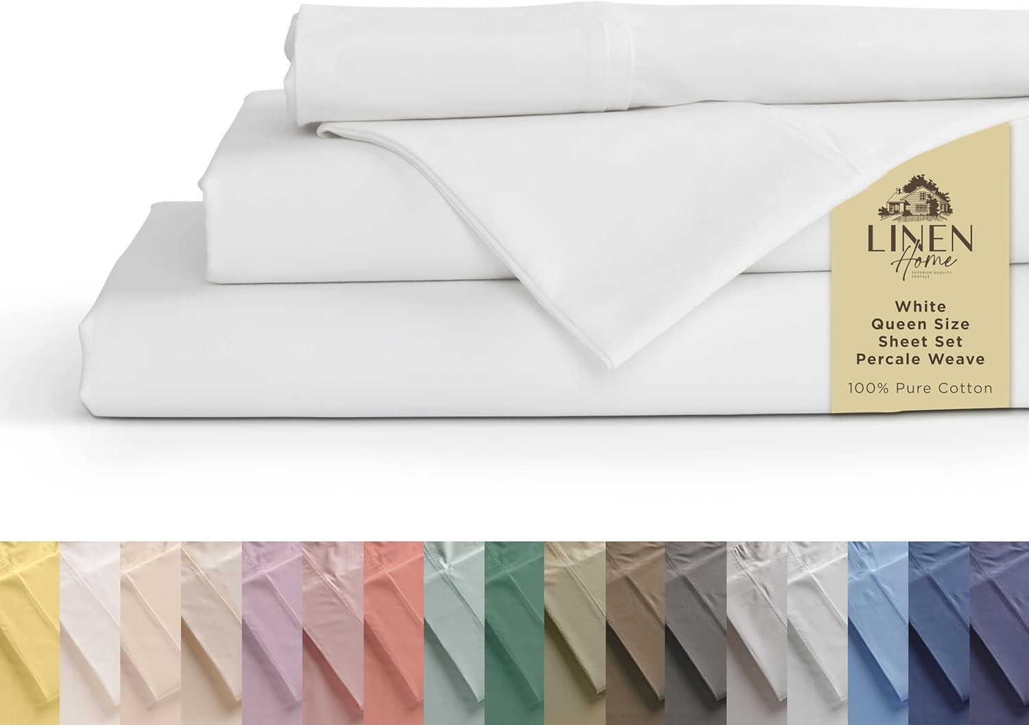 100% Cotton Percale Sheets Queen Size, White, Deep Pocket, 4 Pieces Set - 1 Flat