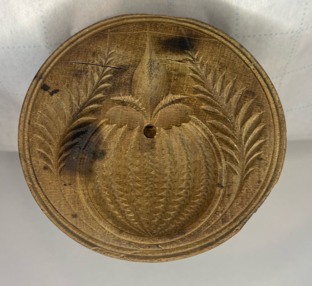 Hand Carved Wooden Butter Mold Stamp Folk Art Pineapple Floral 3.5”