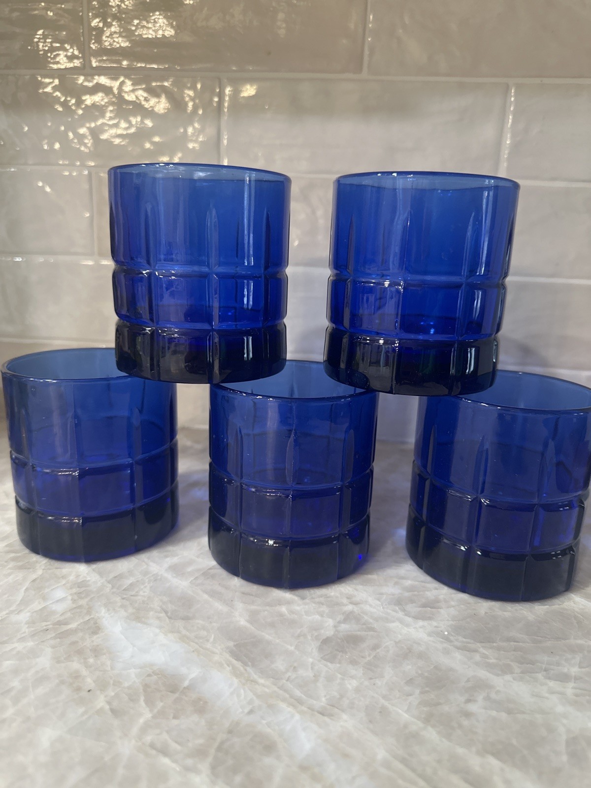 Vintage Anchor Hocking Cobalt Blue Block Old Fashioned Glasses Set of 5