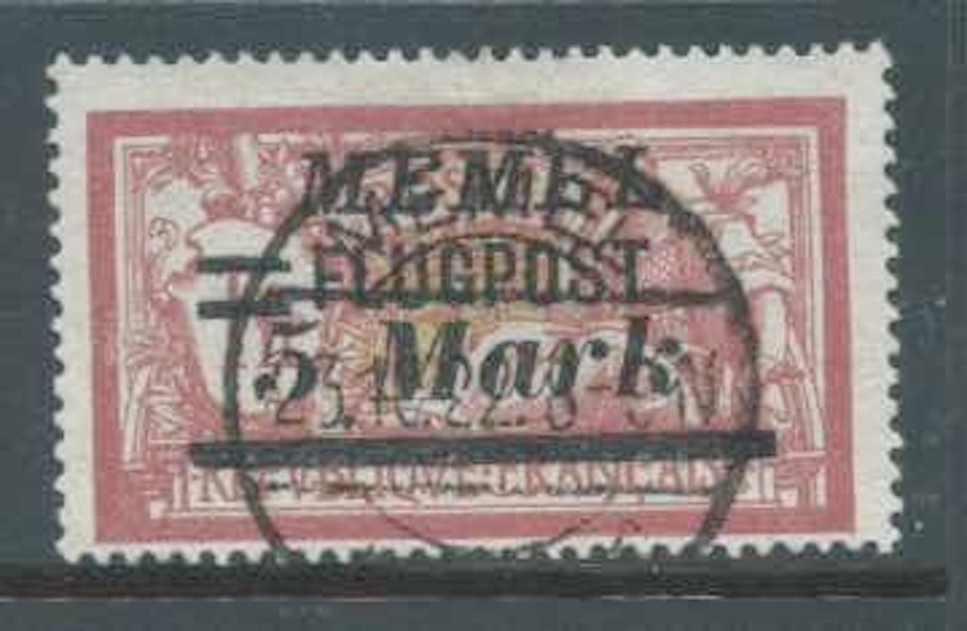 MEMEL 1922 SG122 5m on 1f Lake & Yellow-Green Overprint OC Fine Used Cat £26