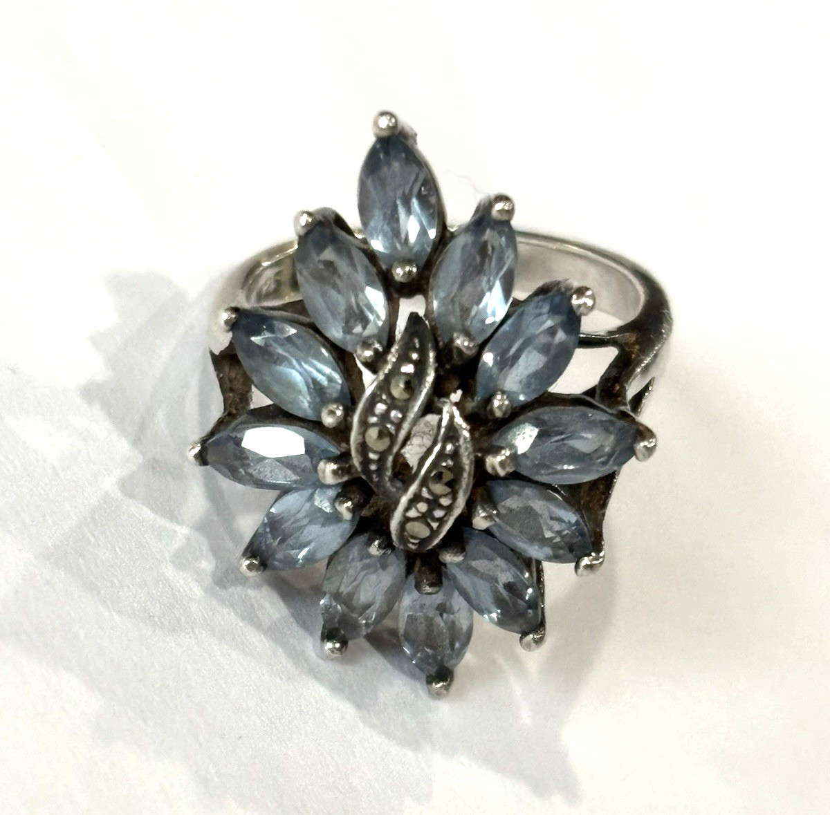Vintage Sterling Silver 925 Topaz Blue Color W/Marcasite  Floral Cluster Ring