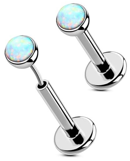  2PCS 16G/20G Nose Lip Studs, G23 2pcs, 16g 6mm, 3mm Opal Silver bar, Opal
