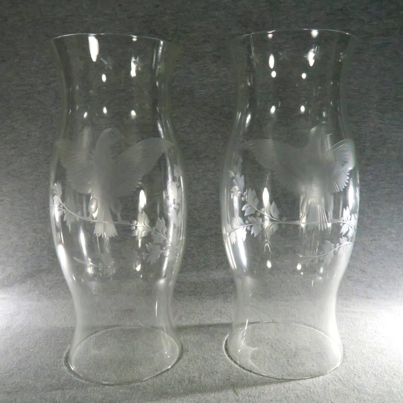 Pair Vintage Etched Cut Glass Hurricane Lamp Shade 13" Eagle Star Patriotic USA