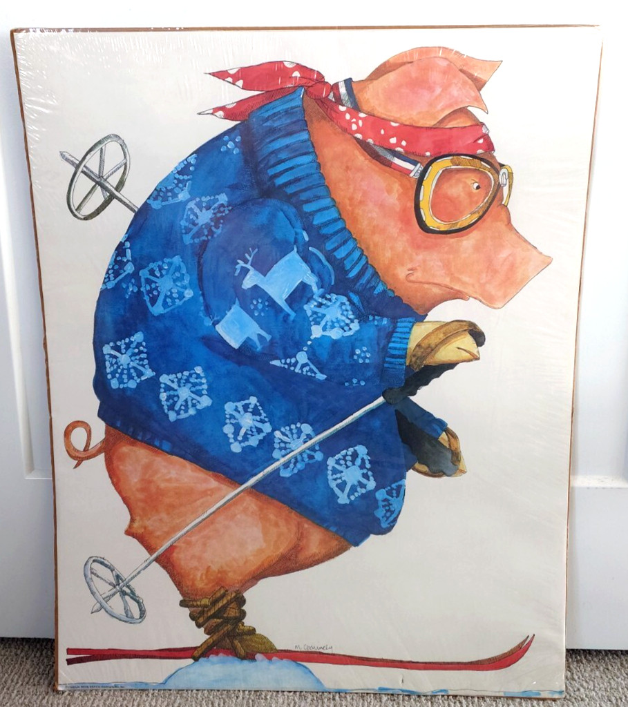 Original Vintage Poster Ski Pig by Chaunely, 1976 Kindergraphics 28"x22" Sealed!