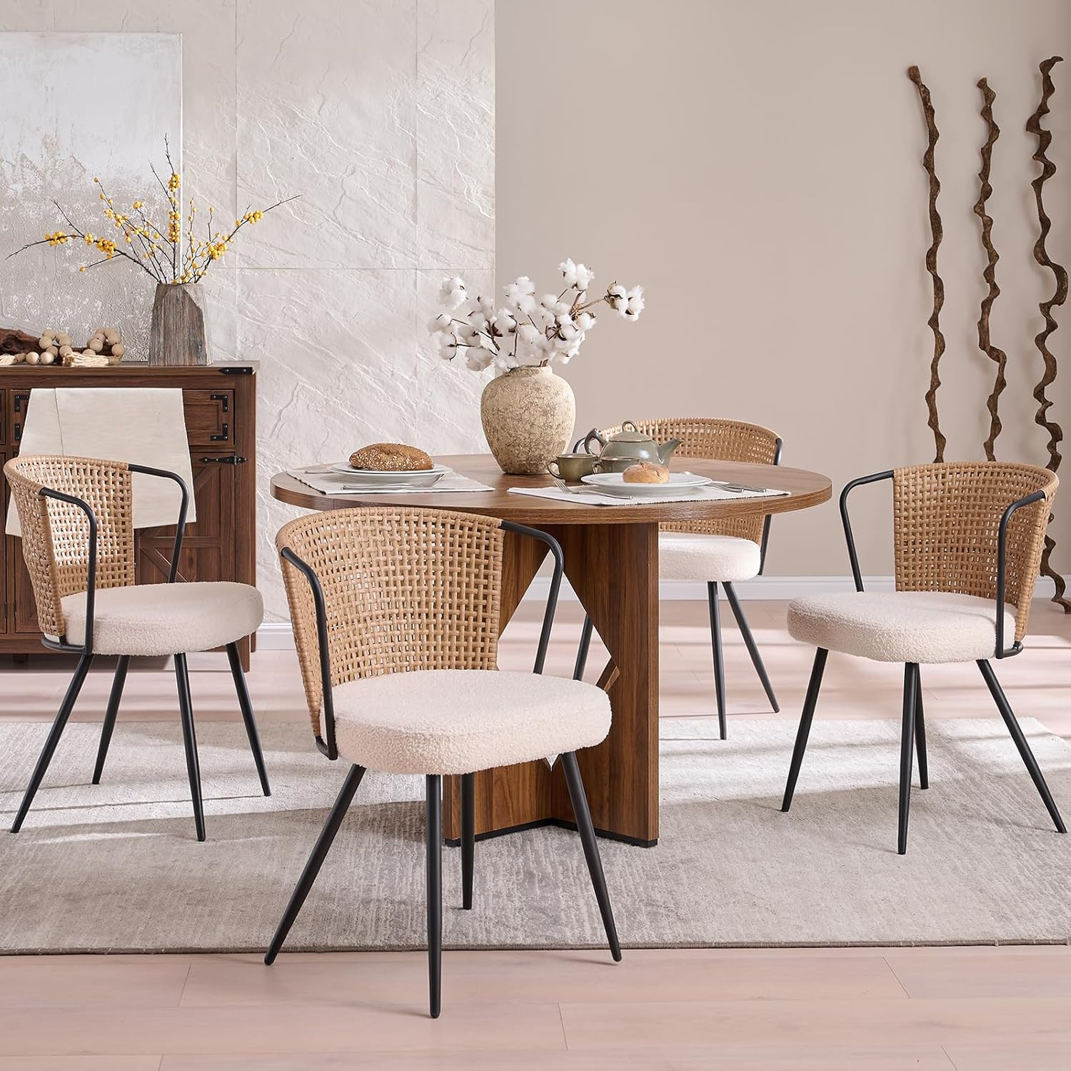 Bedspick Rattan Dining Chairs Set of 4 - Farmhouse Upholstered Cane Back Kitchen