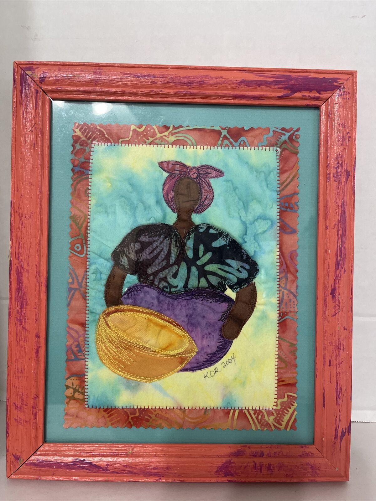 Fabric Quilt African Woman Mini Mama Folk Art Framed 10x12” Signed KDR 2004