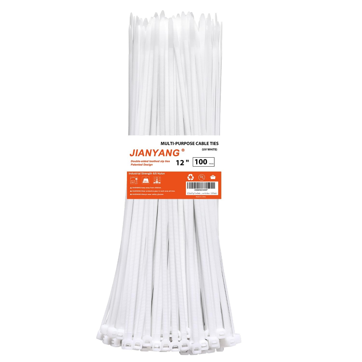 12 Inch White Zip Ties Double Sided Toothed,120 LBS Tensile Strength Heavy Du...