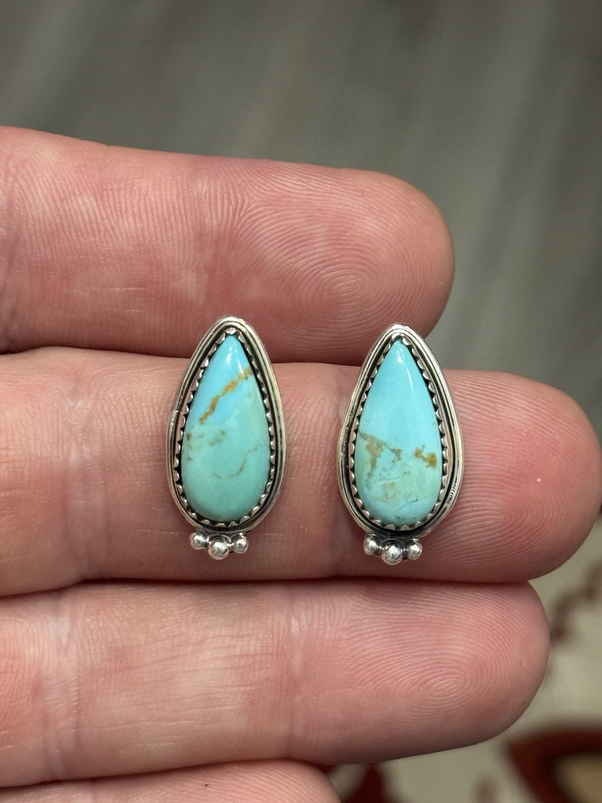 STERLING SILVER TURQUOISE TEARDROP 7/8” SINGLE STONE POST STUD EARRINGS .925