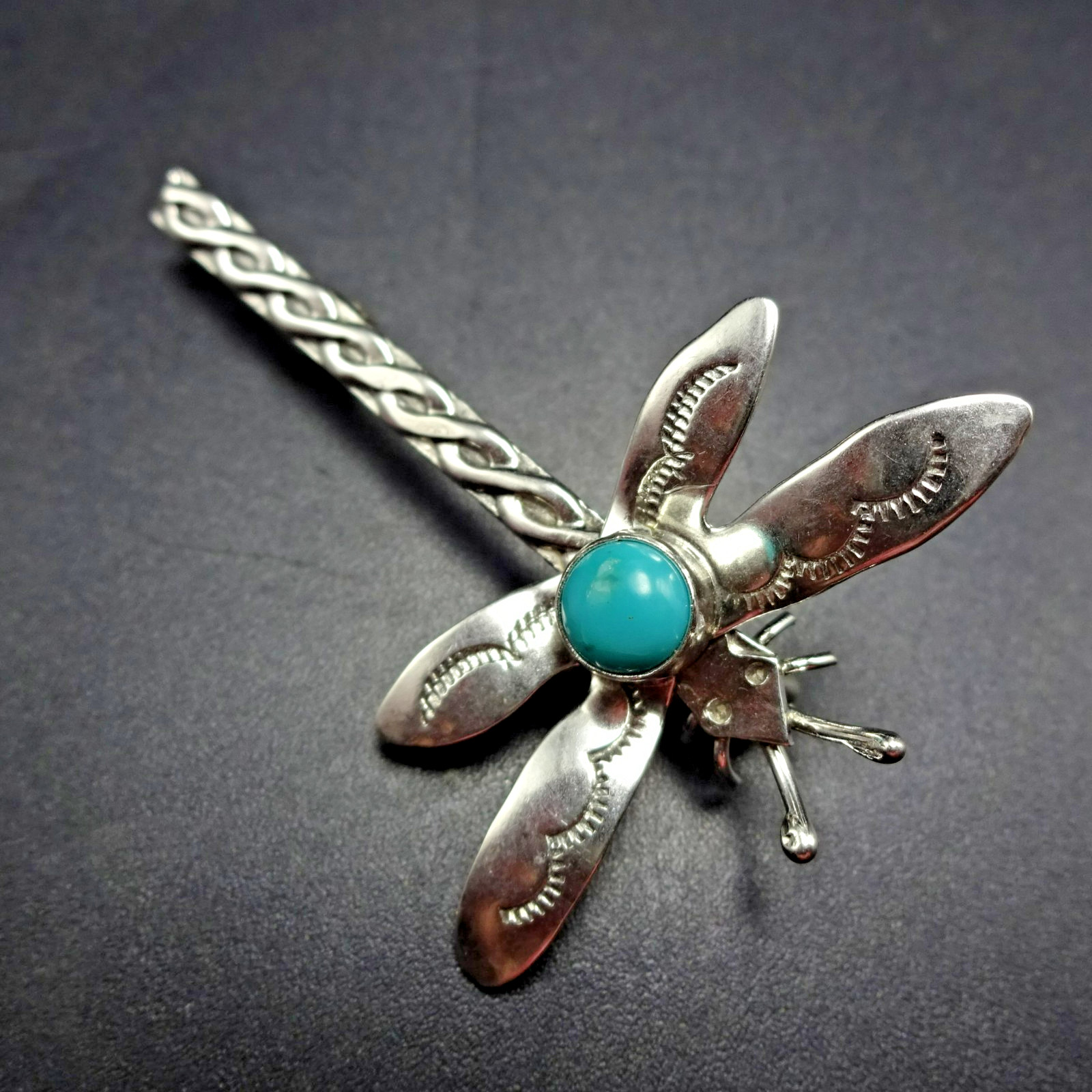 LUCKY Sterling Silver DRAGONFLY PIN/BROOCH with TURQUOISE Cabochon