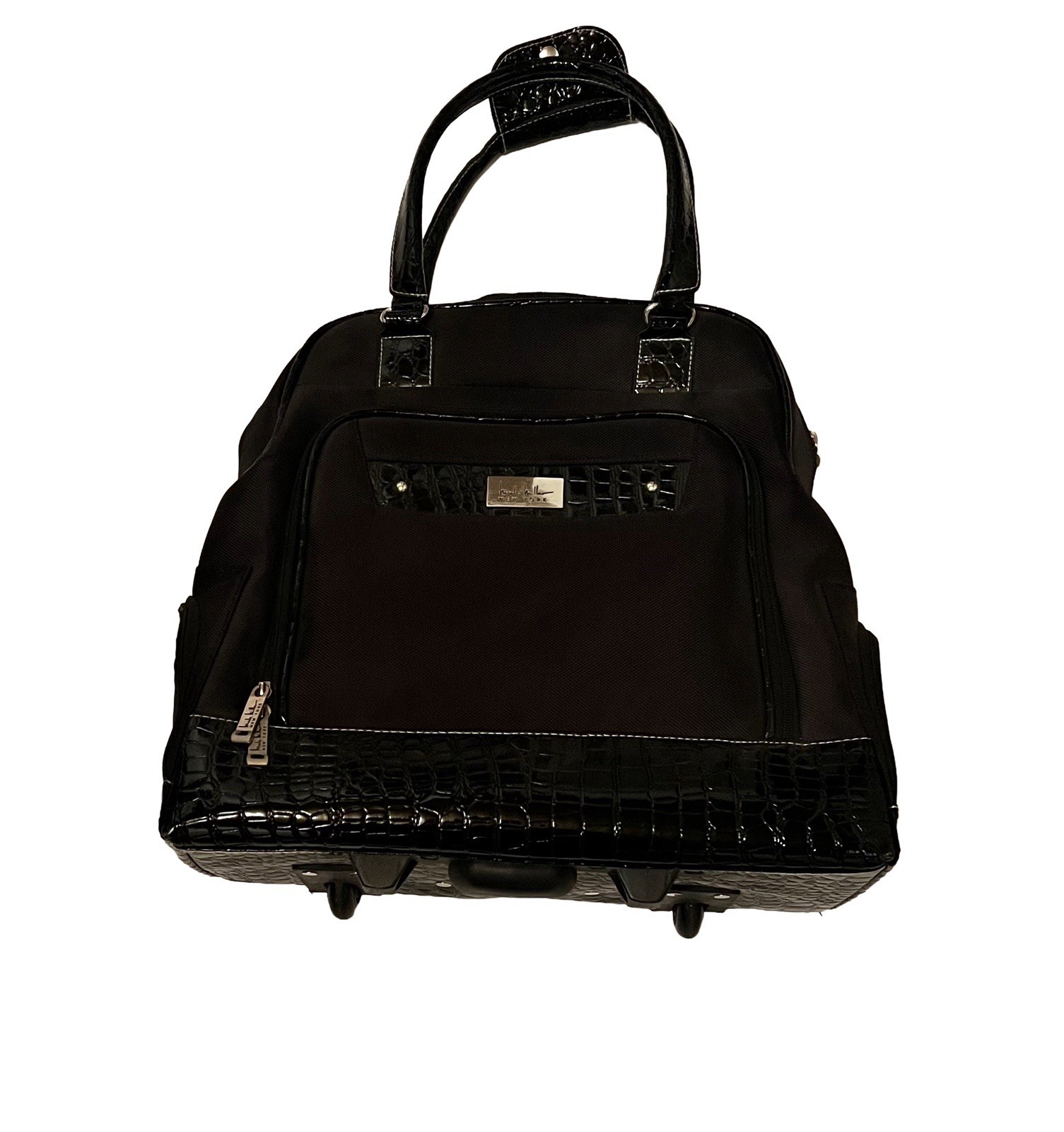 Nicole Miller Rolling Laptop Bag Carry-On Suitcase Black Croc Faux Leather