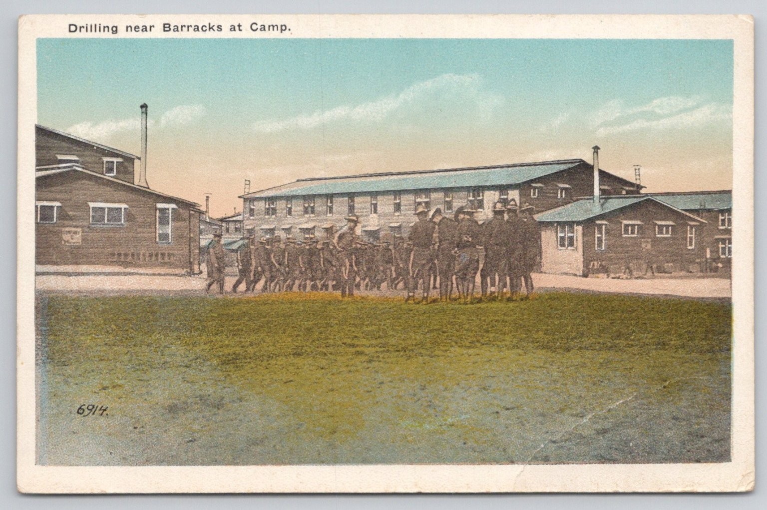 WWI Era Military Camp Barracks Soldiers Drilling Cantonment Postcard