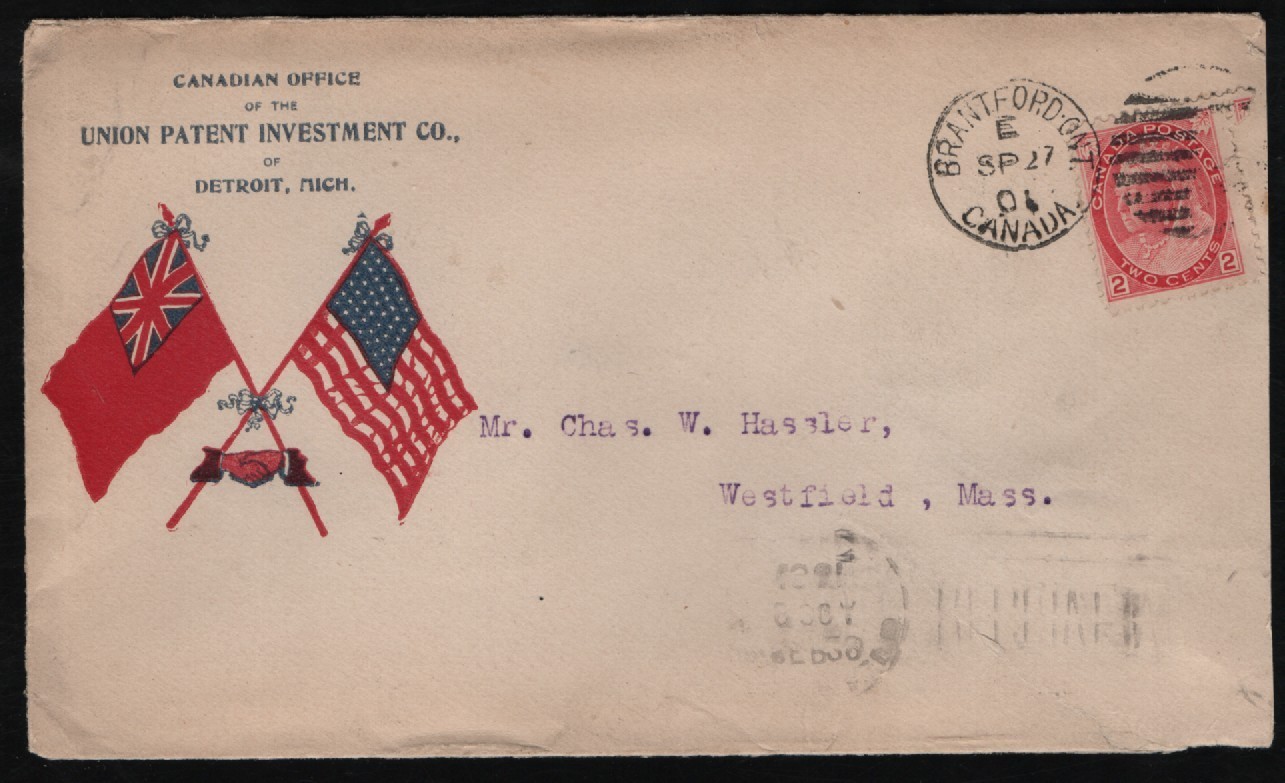 Spanish American War Patriotic US and Canada crossed flags cover to Mass.