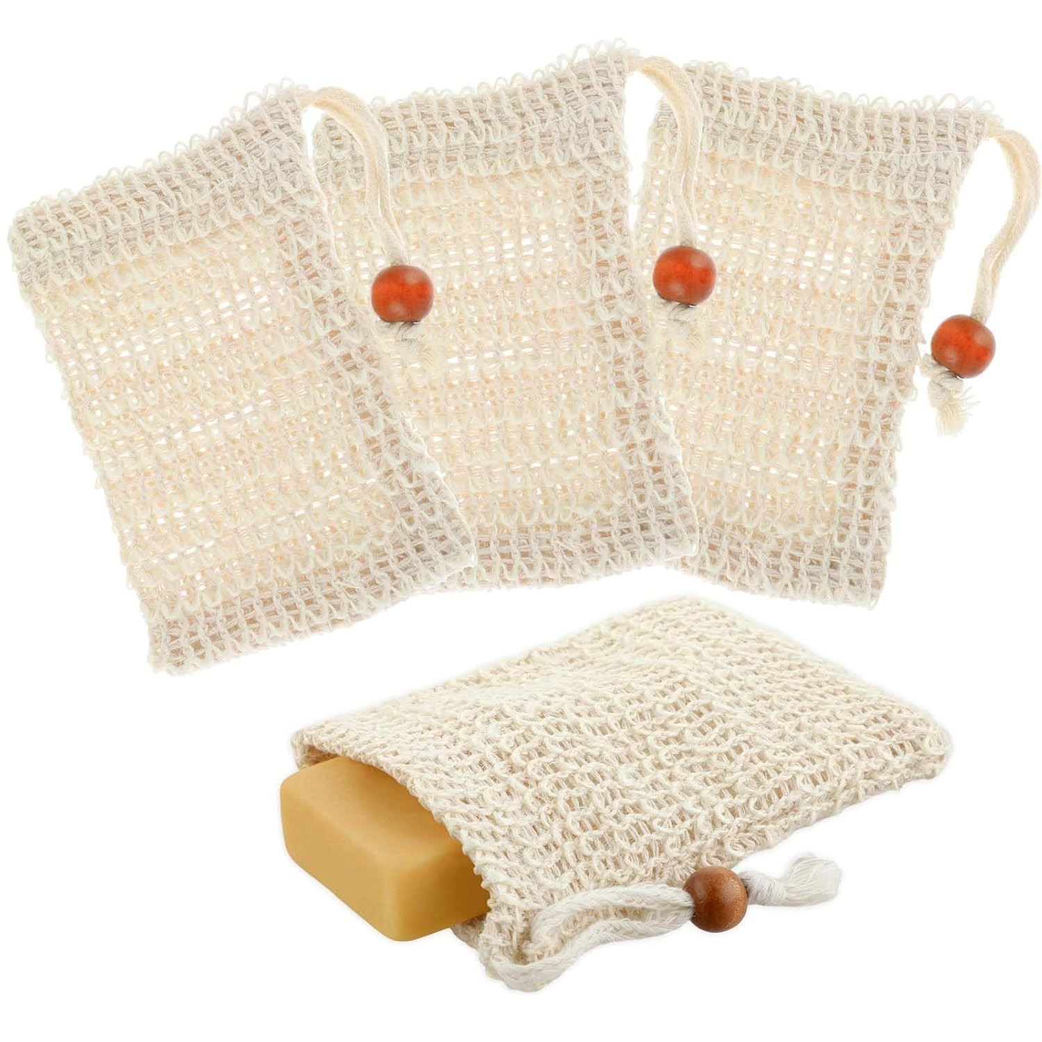 4 Pack Sisal Soap Saver Bags Exfoliating Natural Pouches Mesh for Bath Shower