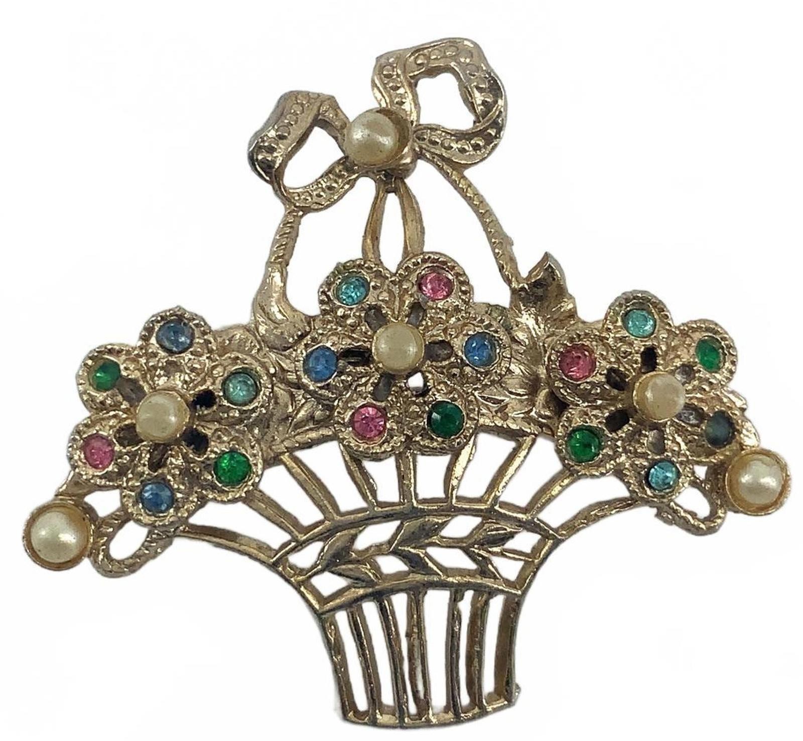Vintage Gold Tone Faux Pearl Rhinestone Floral Basket Brooch Pin Mid Century