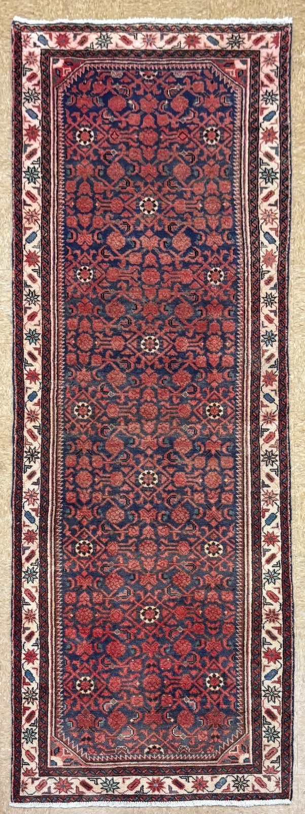 Hand Knotted Wool Runner 3’5”x10’9” Navy Geometric Tribal Oriental Rug