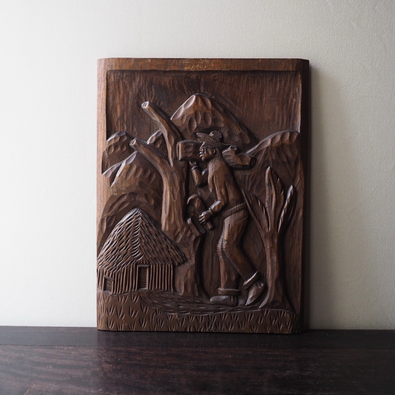 Hand Carved Wood Wall Art Panel Strong Man Rustic Cabin Decor Vintage 1980s MCM