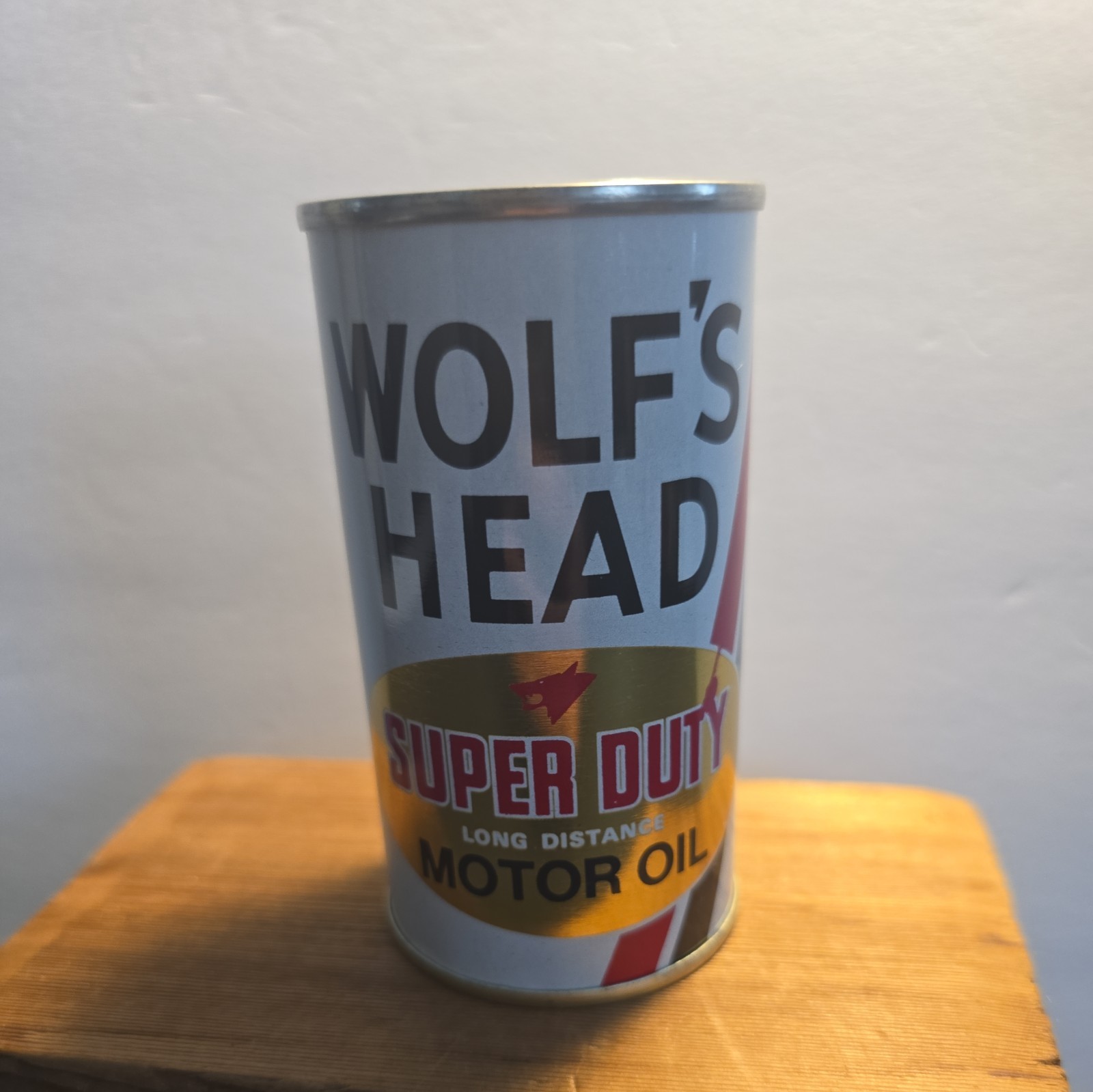 Vintage Tin Bank Wolf's Head Super Duty Long Distance Coin Mini Oil Can Bank