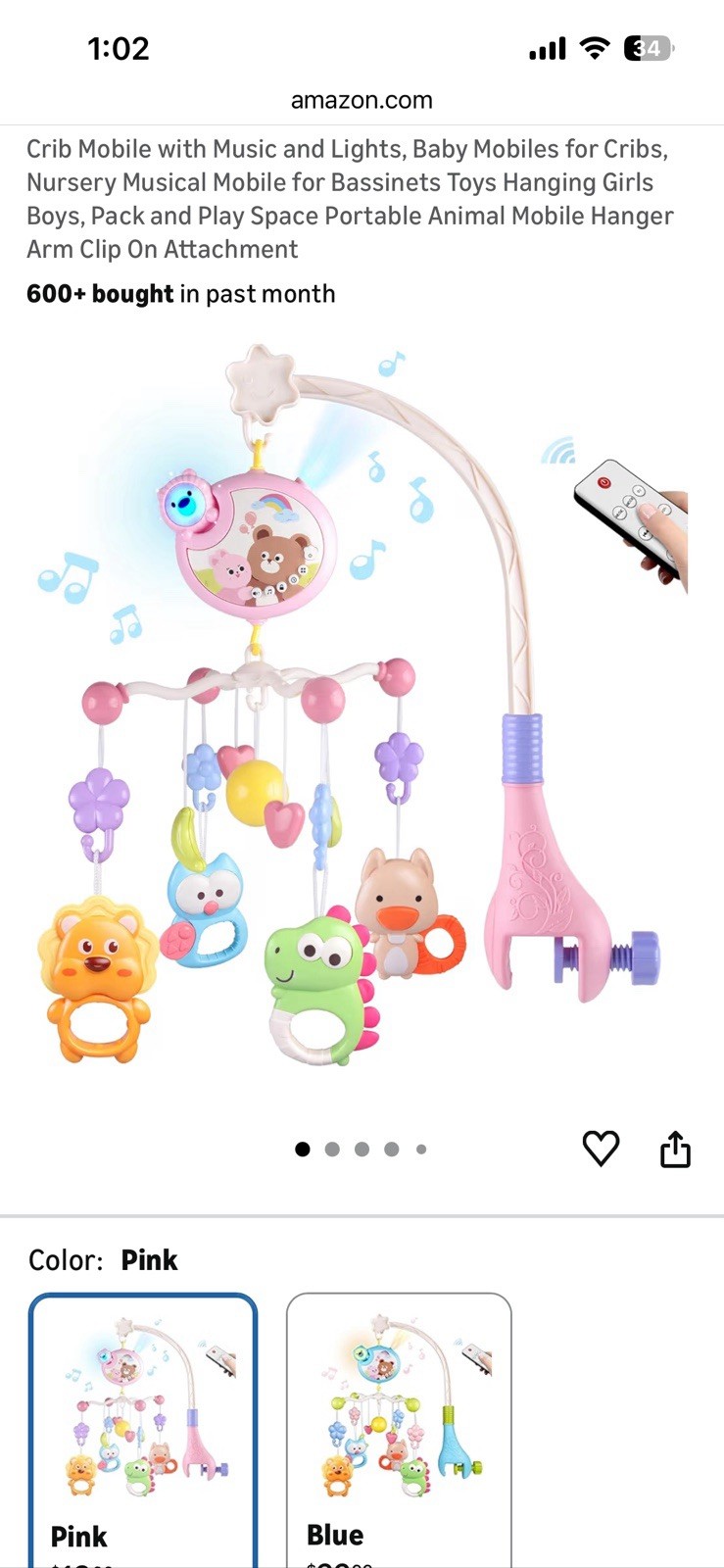 Baby Crib Mobile Pink With Music Projection Remote