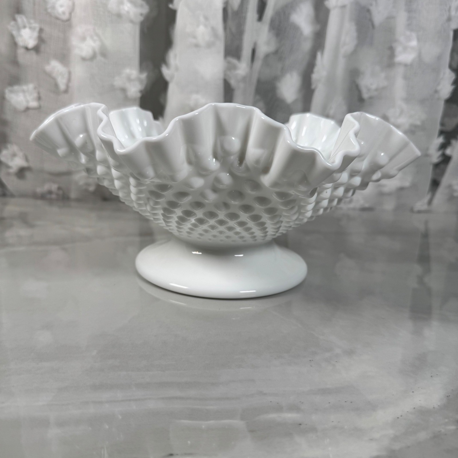 Vintage Fenton White Milk Glass Hobnail Bowl Footed Fluted Crimped Cottagecore