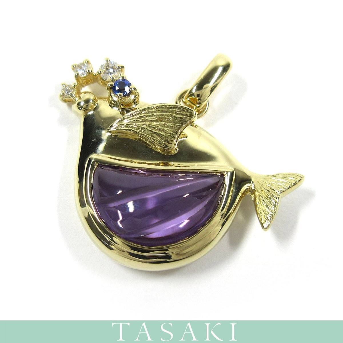 TASAKI K18YG Diamond Sapphire Amethyst Pufferfish Motif  Yellow Gold Pendant Top