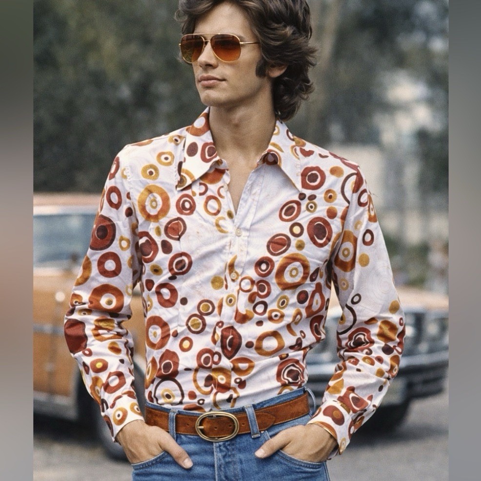 60s 70s Inspired Men’s Button Up Shirt M OP Art Print Big Collar Retro Mod NEW