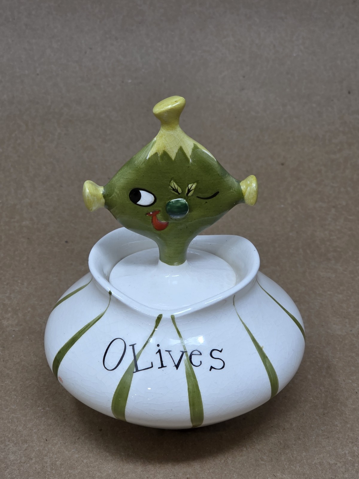 Vintage 1958 Holt Howard Pixieware Olive Jar w/Fork Lid Ceramic Japan