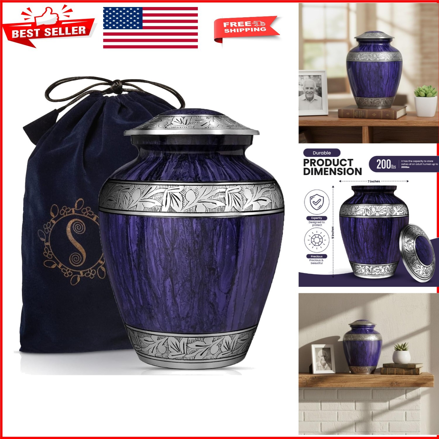 Large Artistic Urn for Human Ashes – Up to 210 lbs Capacity in Purple Metal