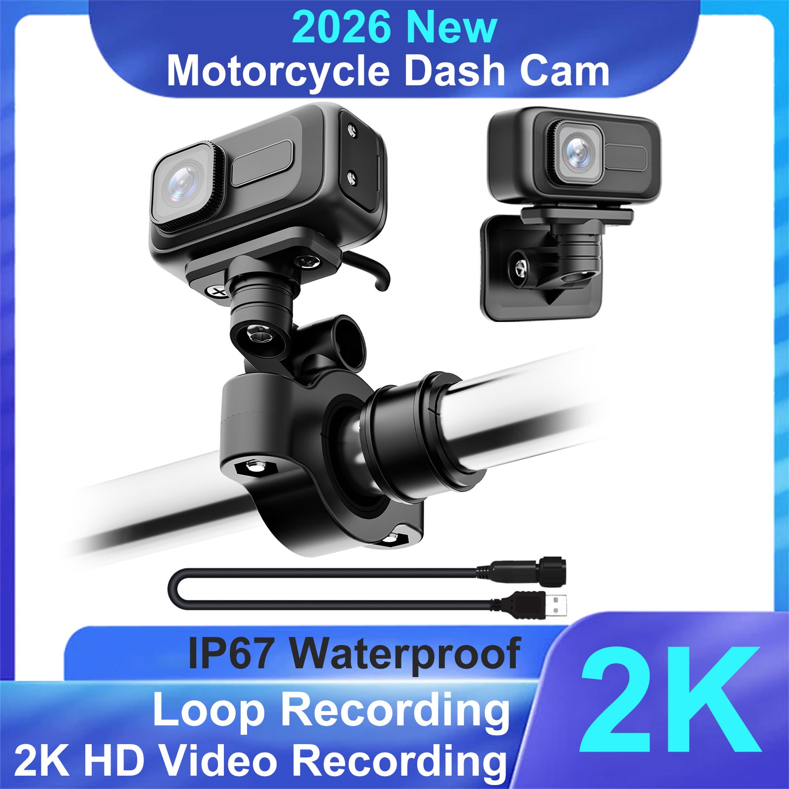 2K HD Motorcycle Camera Bicycle Recorder 140° Wide Angle WiFi APP 64GB SD Card