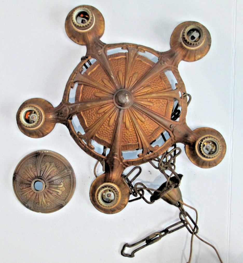 1930's Ceiling Light fixture Art Nouveau Art Deco White Metal Chandelier    BSMT