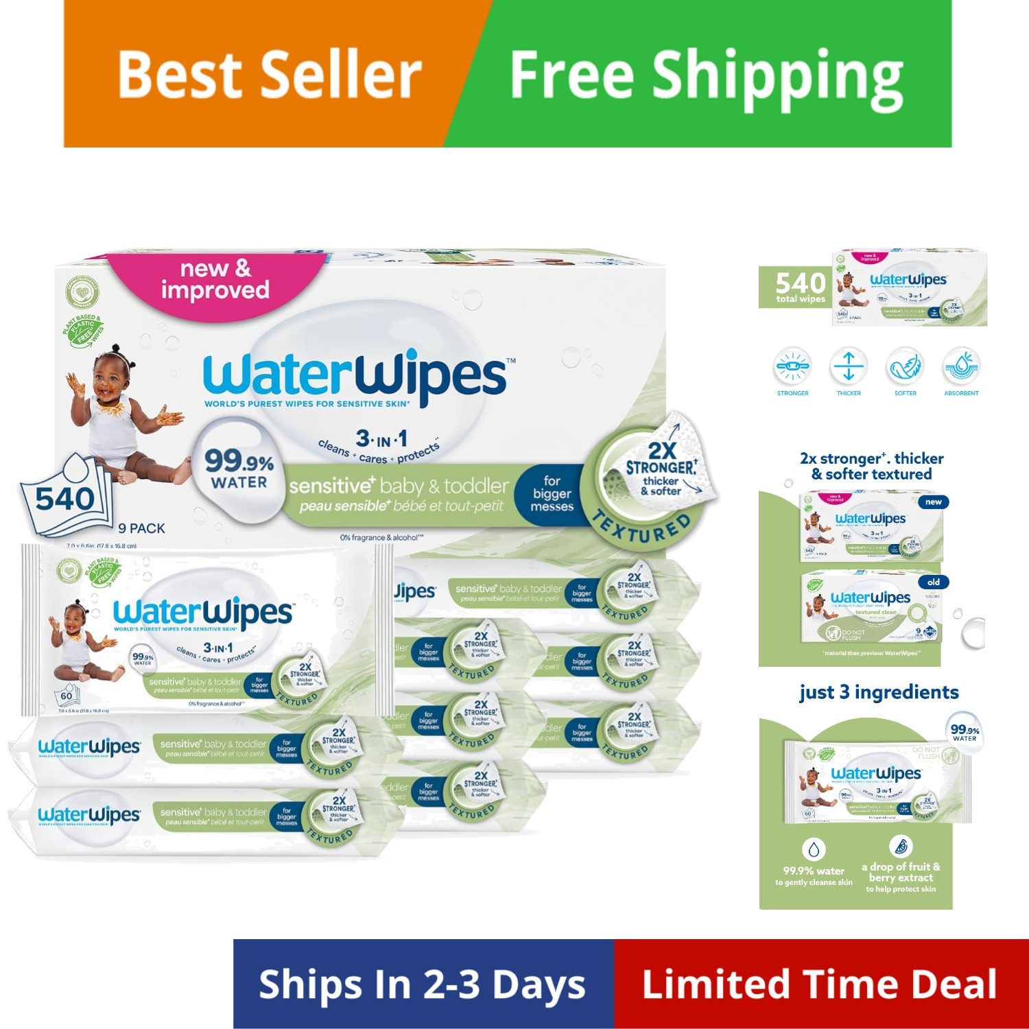 Sensitive+ Baby & Toddler Wipes, 3-In-1 Cleans, Cares, Protects, 99.9% Water,...