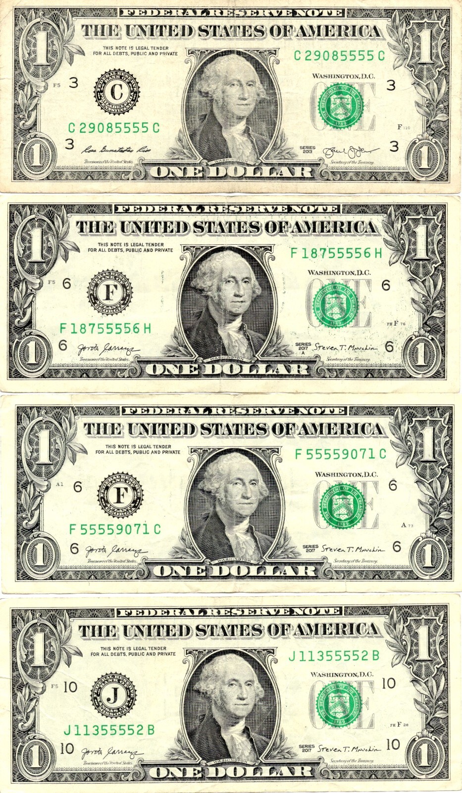 Four in a Row 5s Fancy Serial Number One Dollar Bill Lot of 4 Notes