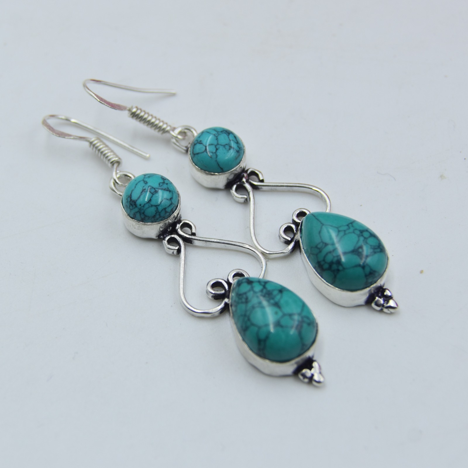 Blue Turquoise Gemstone Handmade 925 Sterling Silver Jewelry Earring Size-2"