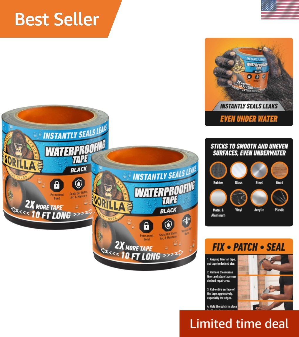 Waterproof Patch & Seal Tape, Black Tape, 4" x 10' Pack of 2 - Permanent Weat...