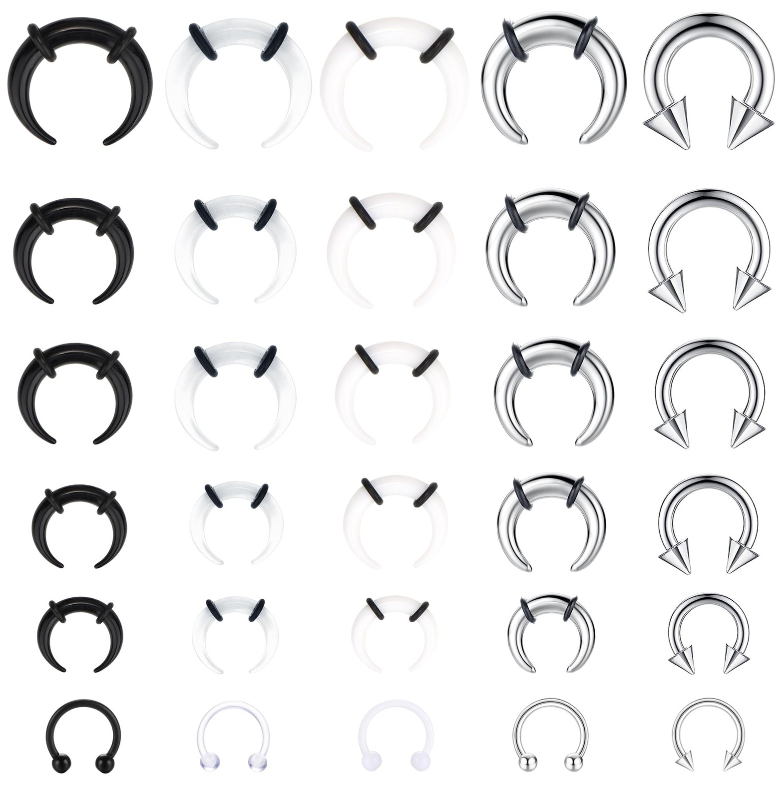 30Pcs Septum Pincher Tapers 16G 14G 12G 10G 8G 6G Horseshoe Septum Rings Acry...