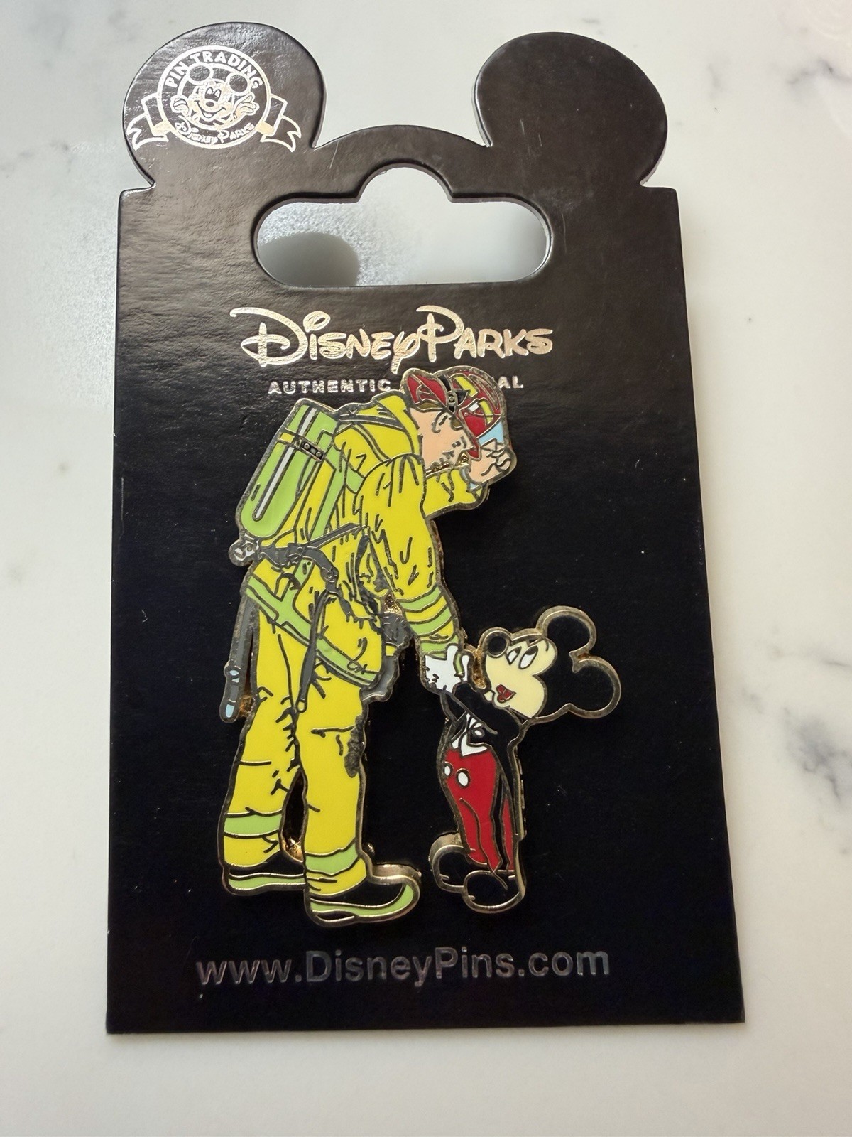 Disney Mickey Shaking Hands With A Firefighter / Fireman Pin