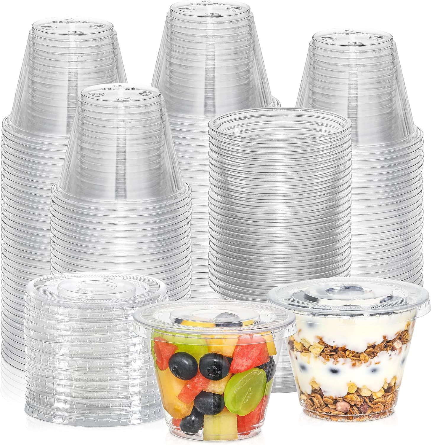 AOZITA [50 Sets, 9 Oz Clear Plastic Cups with Flat Lids No Hole, Disposable Cups