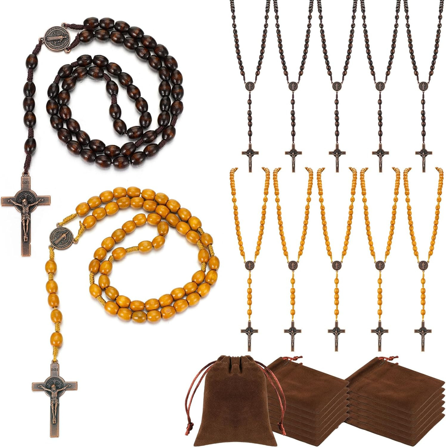 12 Set Wooden Bead Rosary Necklace Catholic Rosary Wood Carved Solid Beads with 