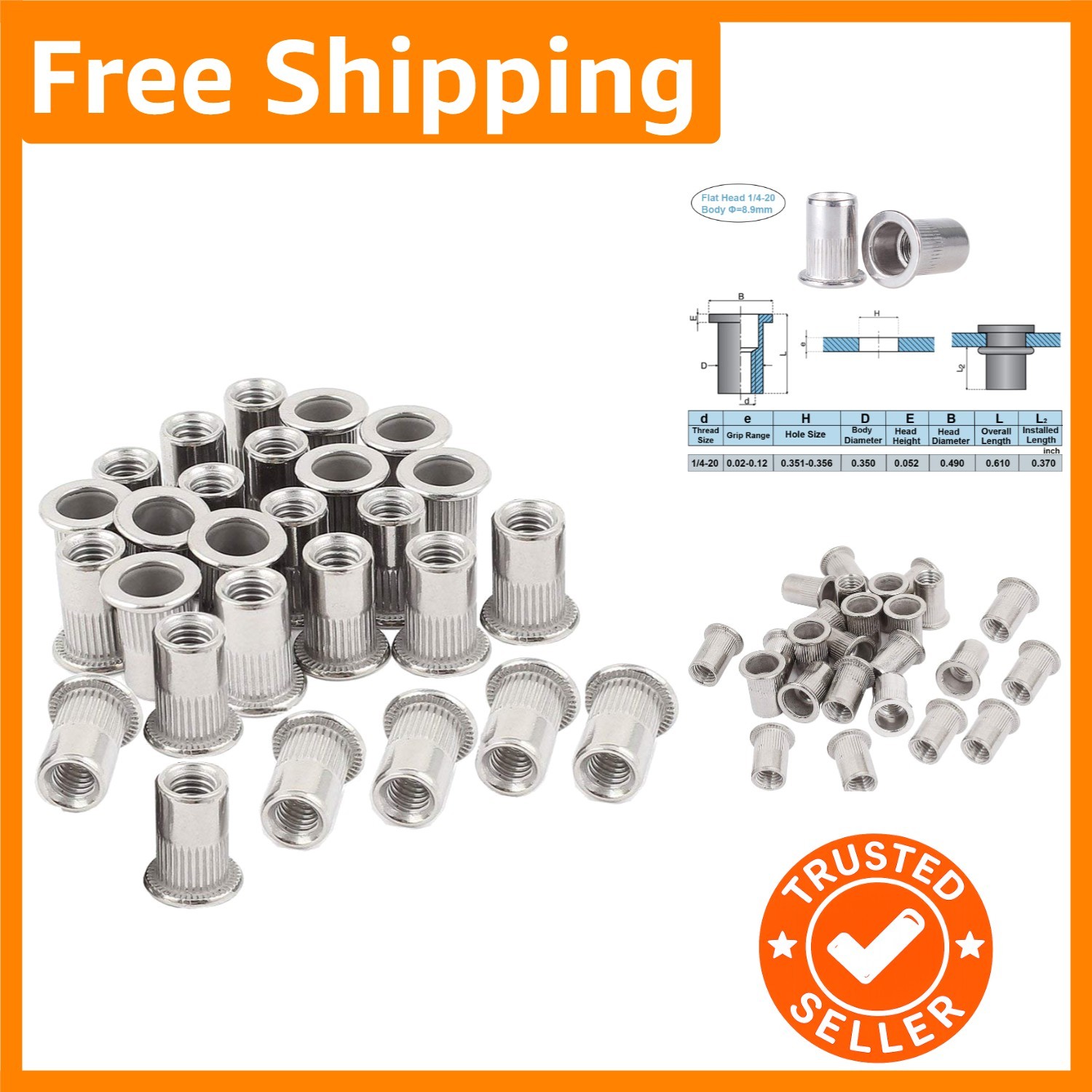 Heavy-Duty 30pcs 1/4-20 Rivet Nuts - Stainless Steel Nutserts for Industrial Use