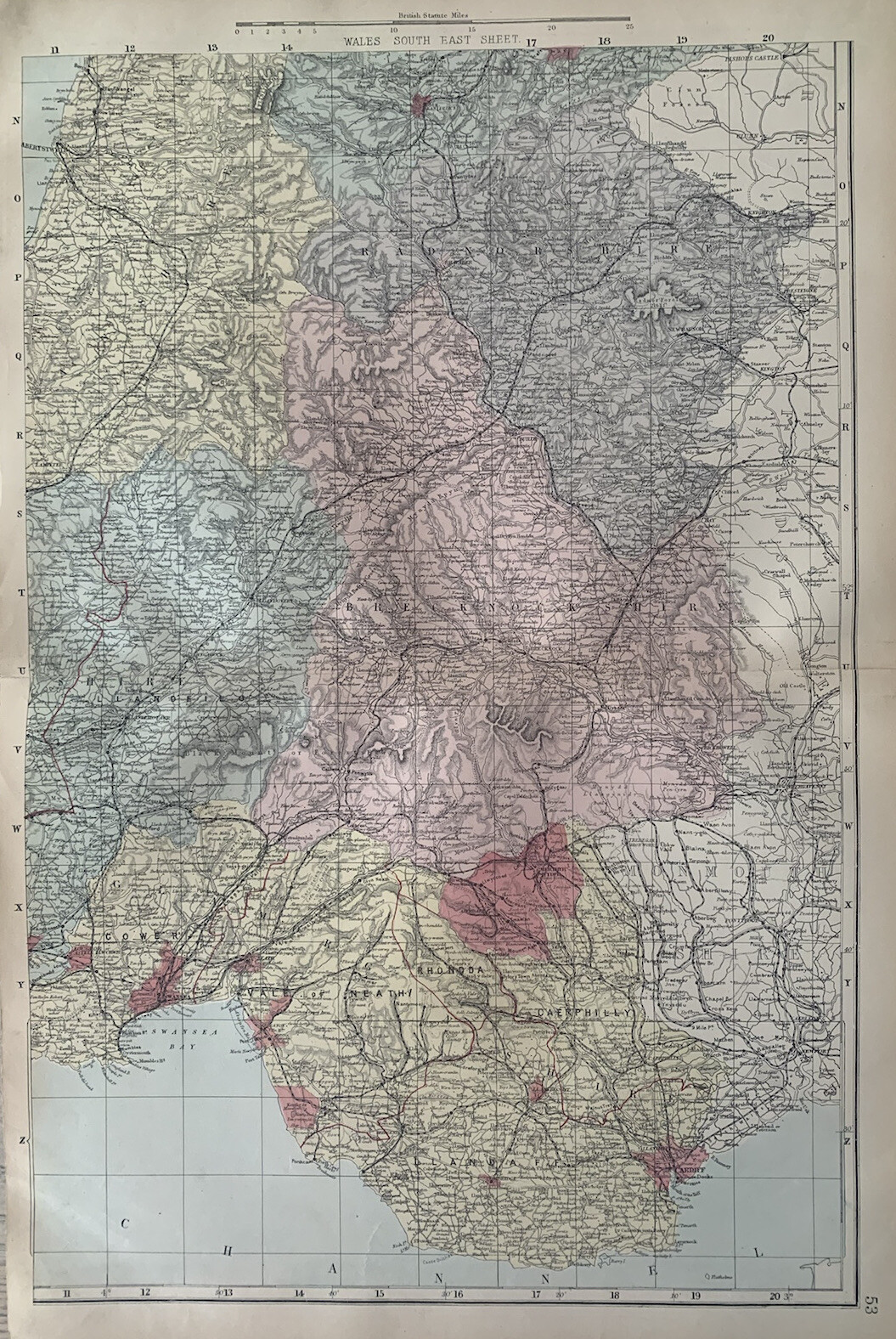 1883 Southeast Wales Hand Coloured Original Antique County Map by G.W. Bacon