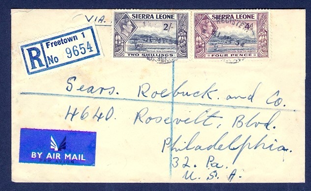 SIERRA LEONE 1954 KGVI COMBO REG AIR TO USA