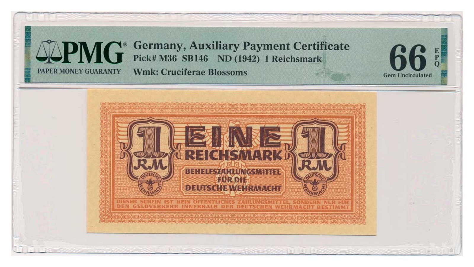 GERMANY banknote 1 Reichsmark 1942 PMG MS 66 EPQ Gem Uncirculated