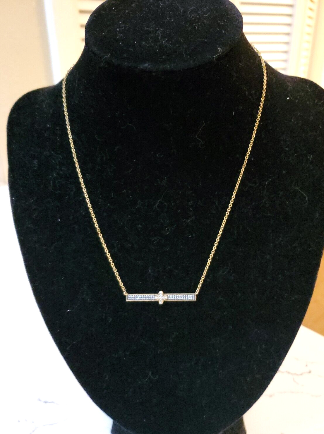 Signed FAS Gold Vermeil Sterling 925 Necklace Bar White Stone Cross Pendant Adj.