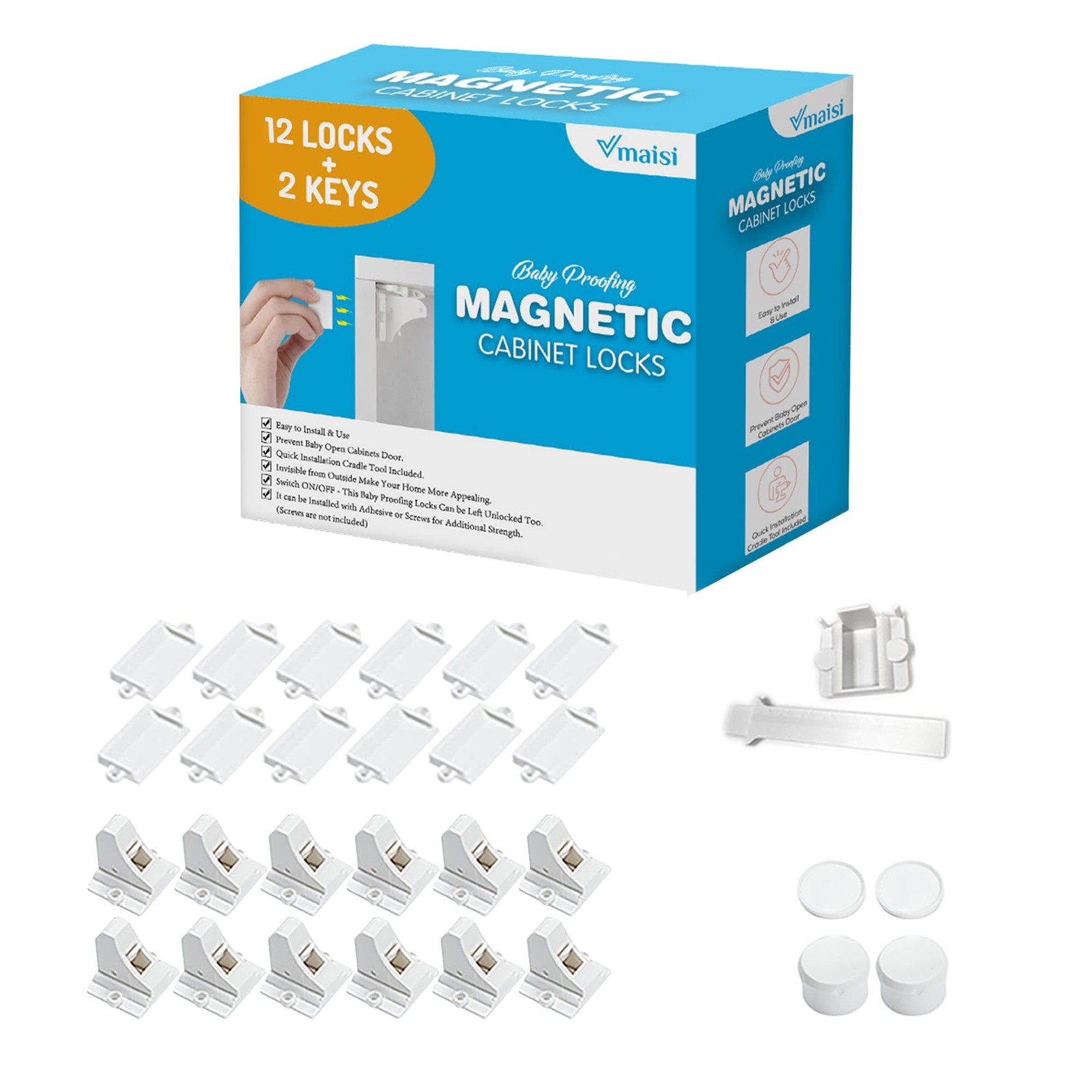 Adhesive Magnetic Cabinet Locks (12 Locks and 2 Keys)