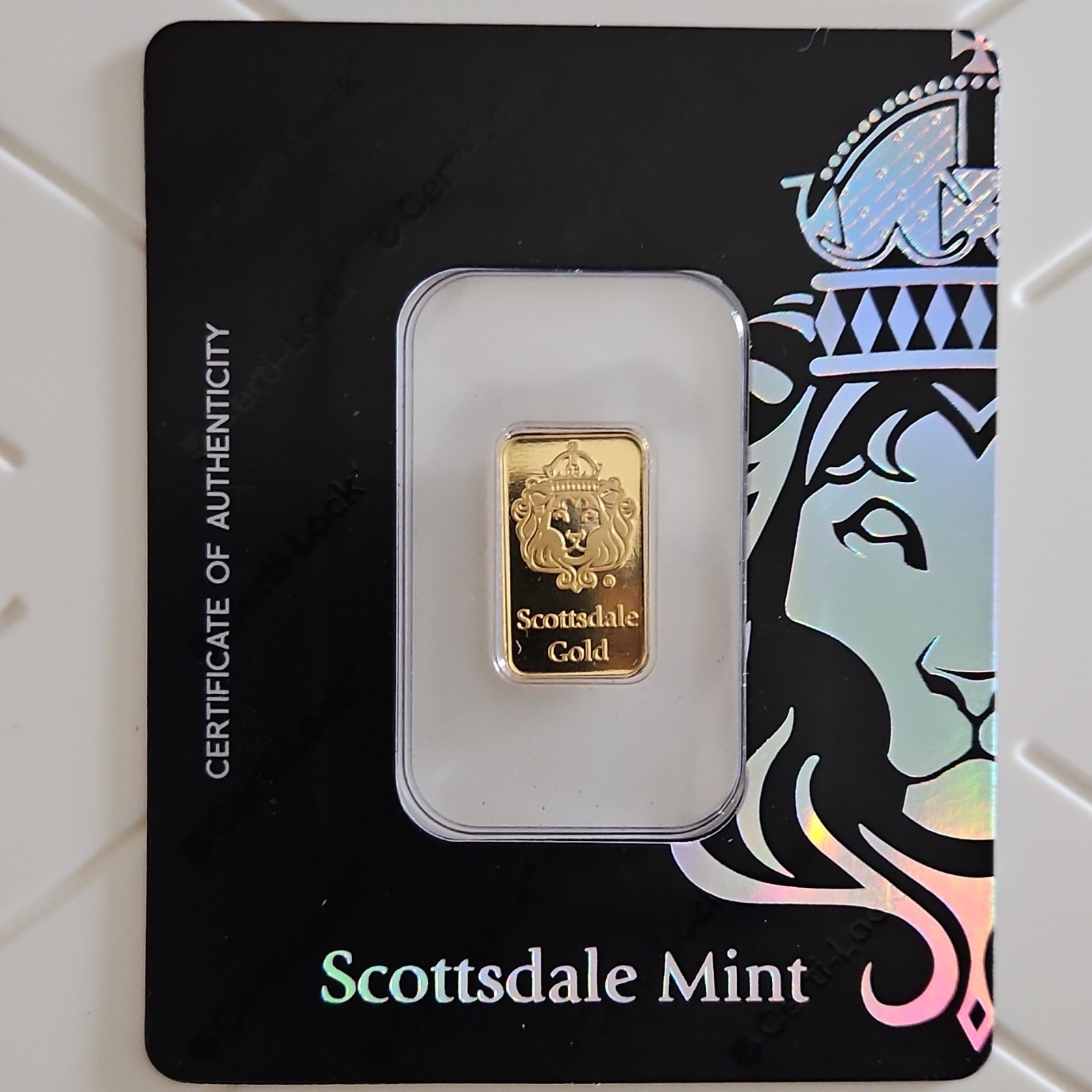 Scottsdale Mint 2g .9999 Fine Gold Bar Certi-Lock Certificate Authenticity