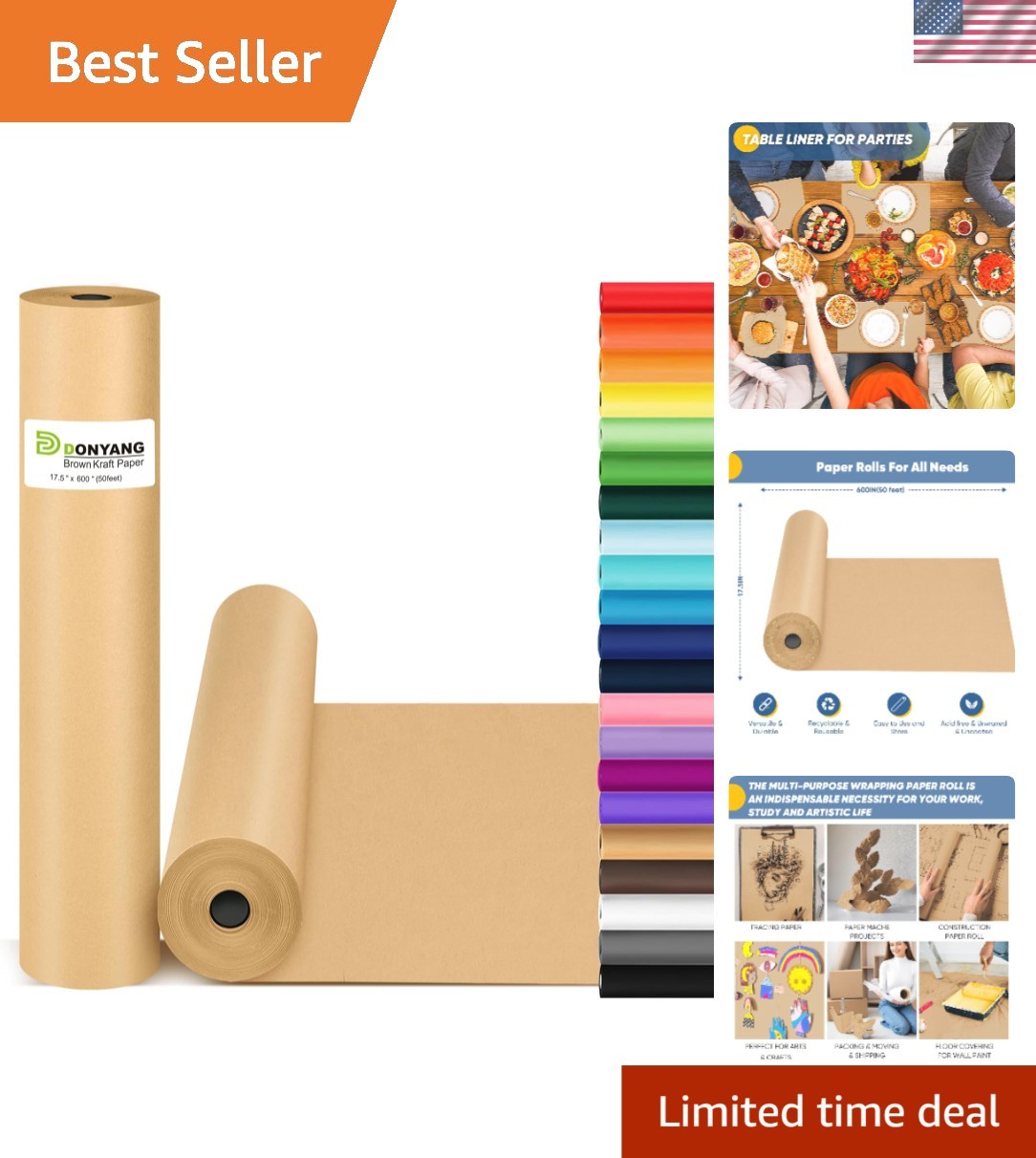 Durable Brown Wrapping Paper Roll 17.5"x600" for Crafting & Gift Wrapping