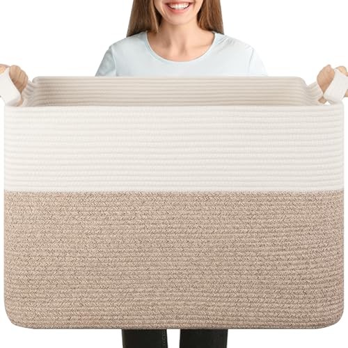 XXXL Supre Large Blanket Basket for Clothes, Towels, Pillows, Brown & White
